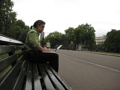 Alex Soojung-Kim Pang Writing on a park bench in London via the blog Relevant History