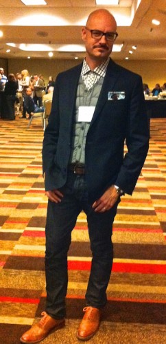 The vest here is both fashionable and warm. Note the pocket square.