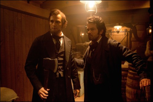 Abe and Henry make bromantic plans on board a train in *Abraham Lincoln: Vampire Hunter*