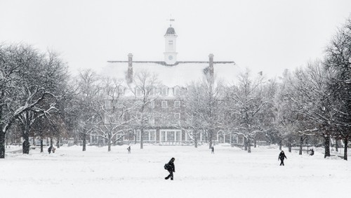 Illini Union during snow shower.